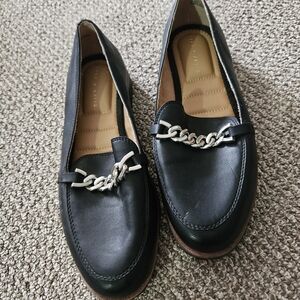 Kelly & Katie Black Leather Loafers with Silver Chain Accent